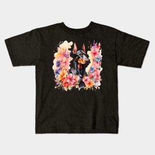 A doberman decorated with beautiful watercolor flowers Kids T-Shirt